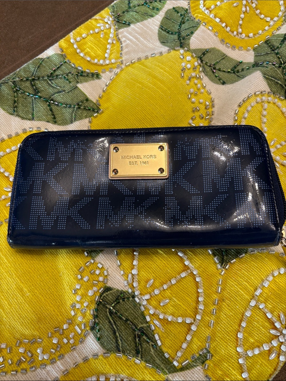 Michael Kors Navy Patent Logo Zip-Around Wallet with Gold Plaque